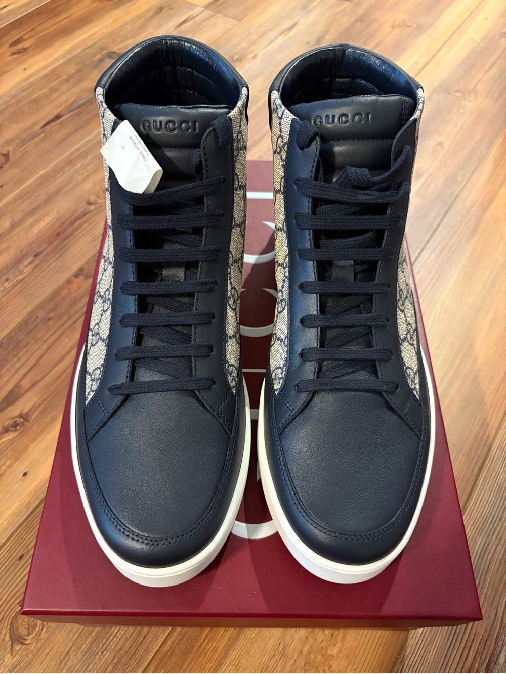 Gucci Navy and White High-Top Sneakers with Monogram Panels